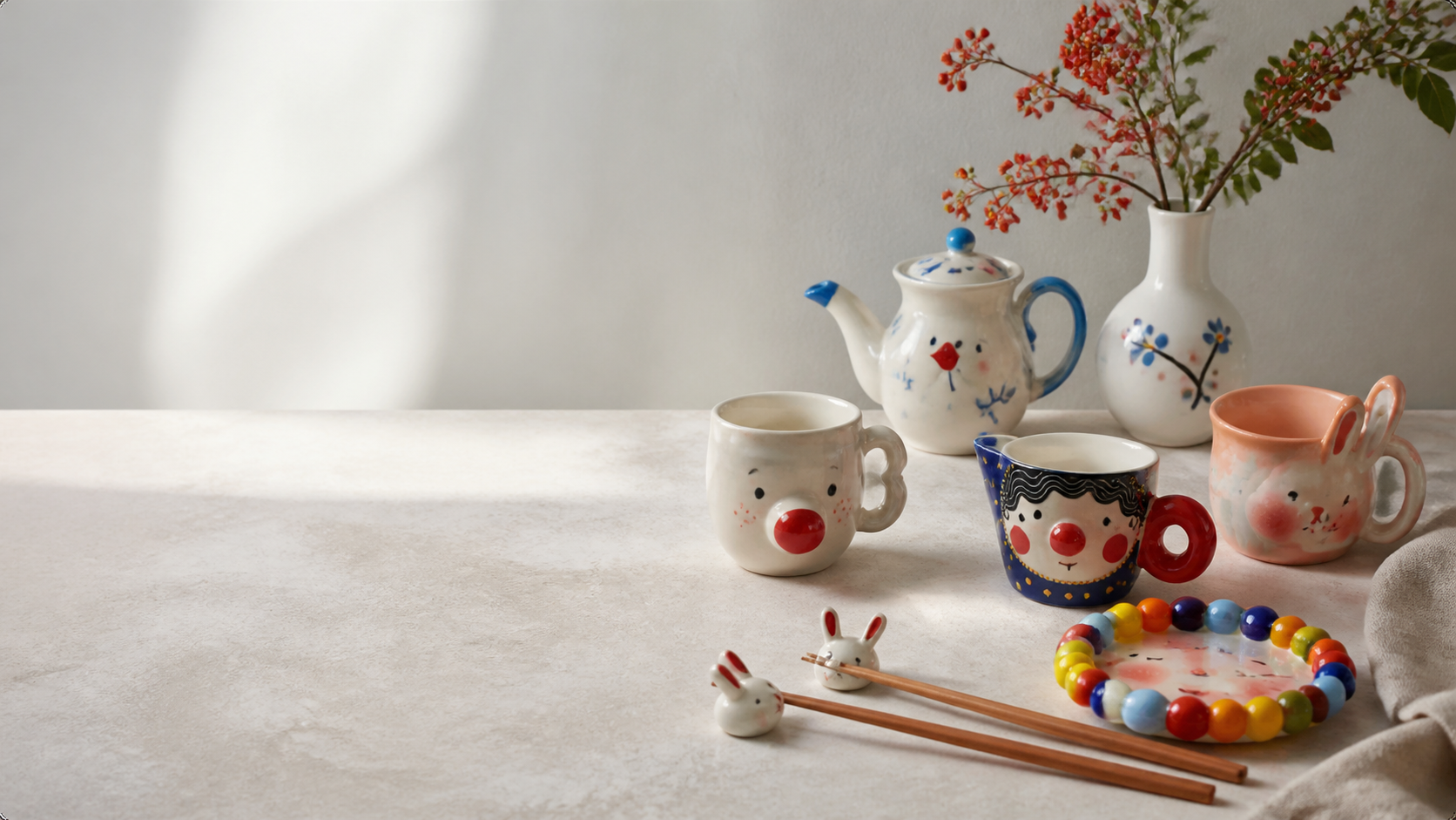 Hand-painted ceramics arranged on a light stone tabletop